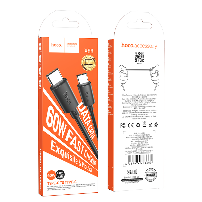 Hoco X88 cable Type-C to Type-C 60W charging data cable