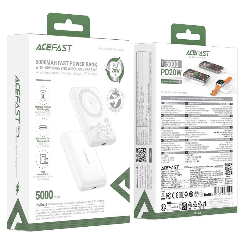 Acefast M25 PD20W magnetic fast wireless charging power bank 5000 mAh, white